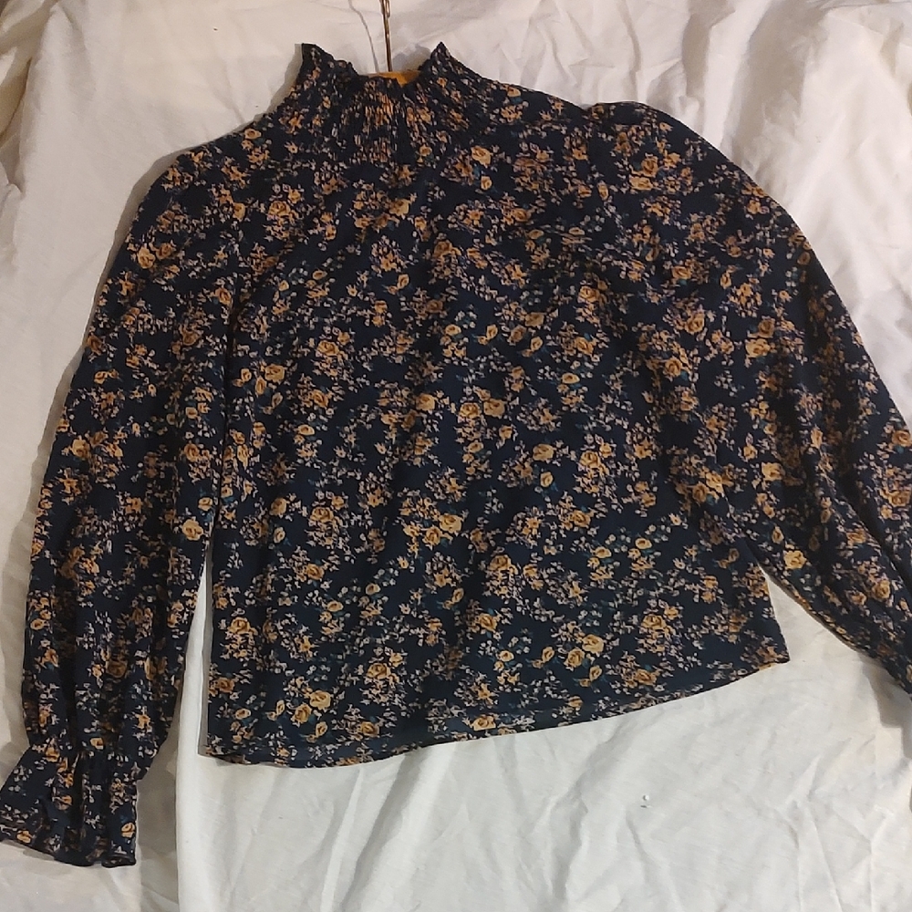 SHEIN Navy Floral Long Sleeve Blouse